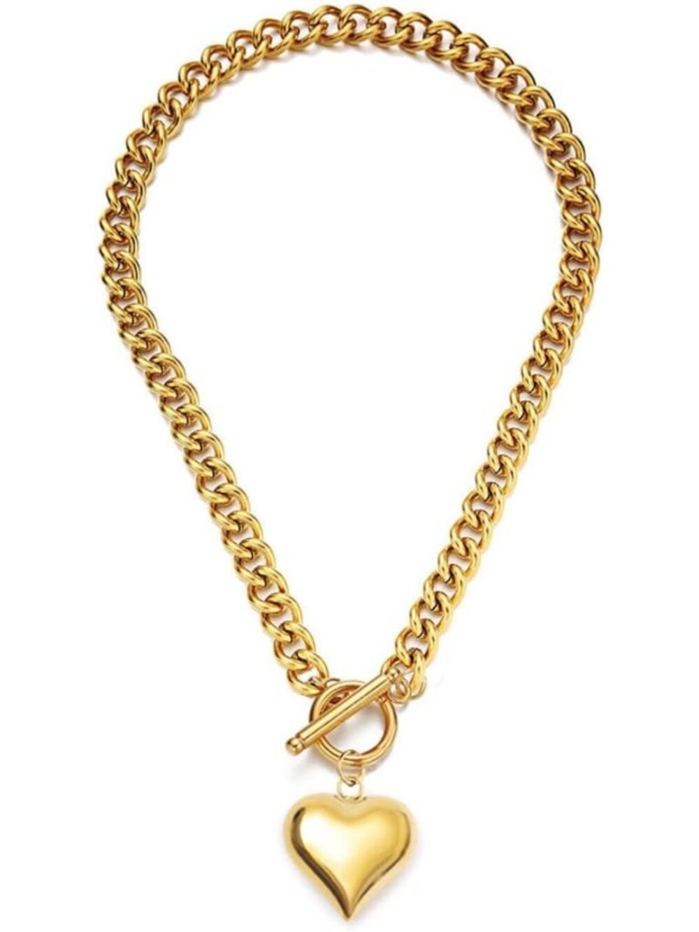 Chunky Stainless Steel Puffy Heart Pendant Necklace - Trendy Statement Jewelry